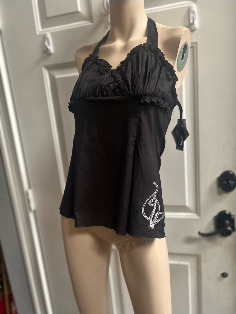 Y2K Baby Phat Black Halter Ruffle Baby Doll w/ Cat Rhinestone Detail